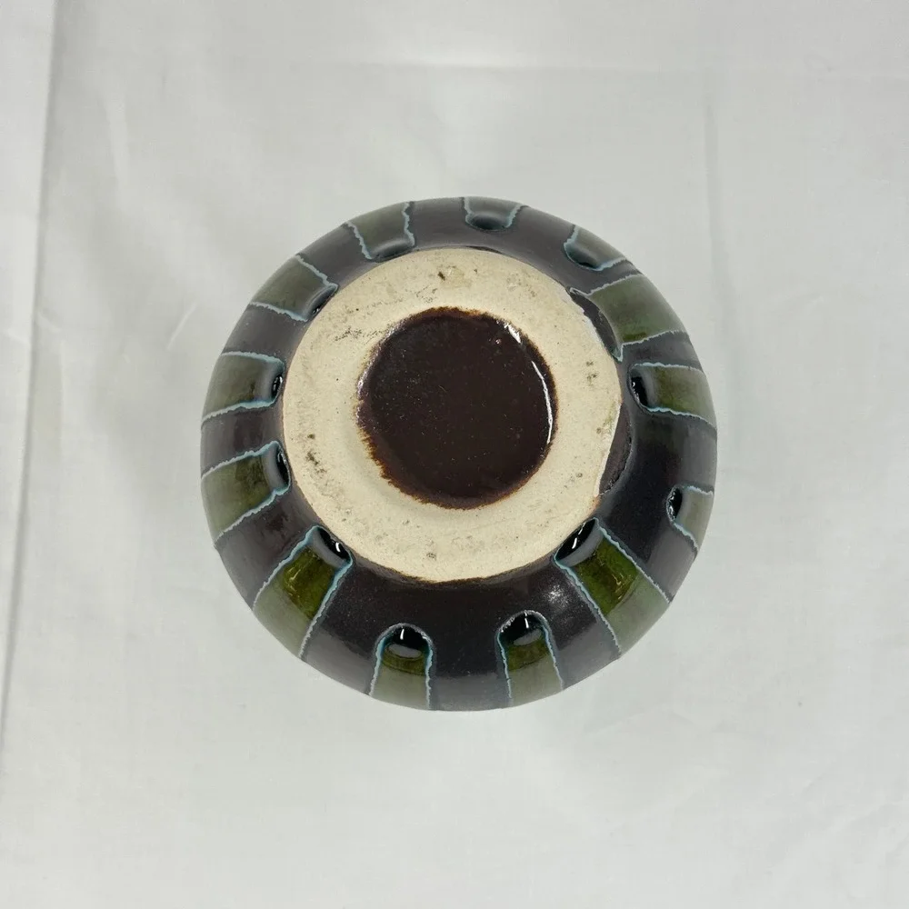 Vintage Studio Pottery Drip Glaze Vase‎ Green Brown Textured Scalloped Rim 5.5